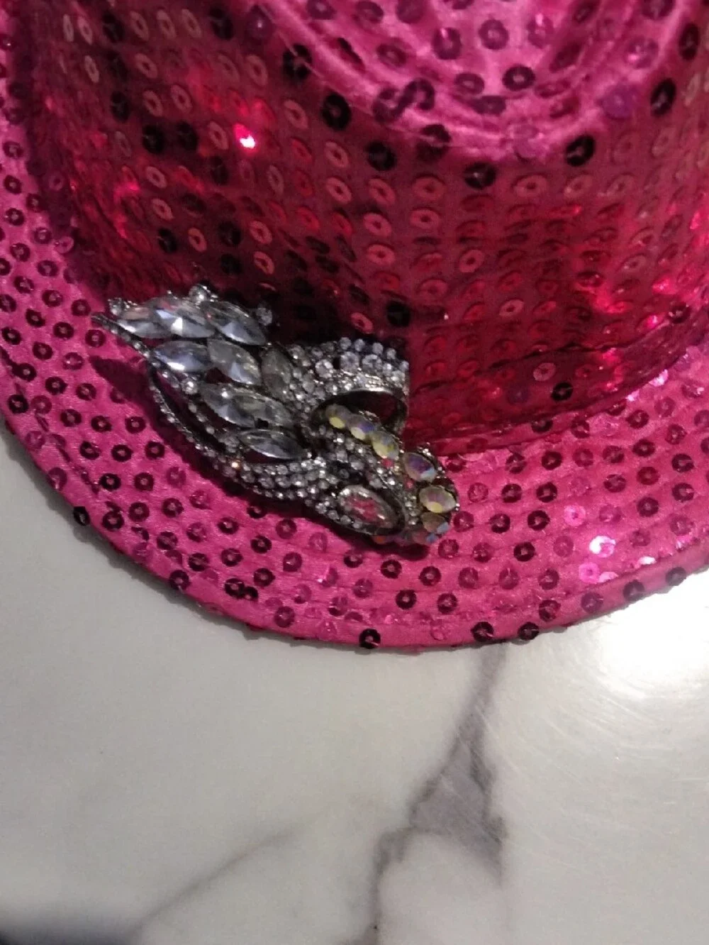 Pink Sequin Fedora Hat with Decorative Brooch